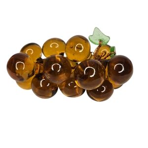 Vintage Amber Gold Brown Wire Glass Grape Cluster & Green Glass Leaves
